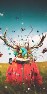 Cosmonaut,Imagination,Deer,Horns,Field,Art,Surrealism