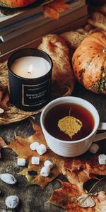 Coziness,Comfort,Candle,Food,Cup,Leaves,Autumn,Tea