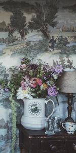 Cups,Bouquet,Flowers,Wall,Lamp