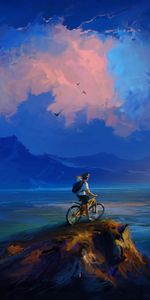 Cyclist,Art,Rock,Precipice,Clouds,Break,Sea