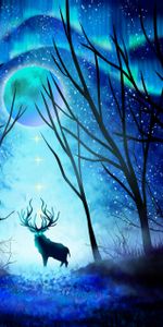 Deer,Northern Lights,Night,Moon,Aurora Borealis,Forest,Art