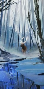 Deer,Rivers,Winter,Forest,Art