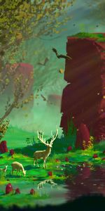 Deers,Rocks,Forest,Art