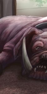 Dog,Fangs,Floor,Lying,Room,Bulldog,Art