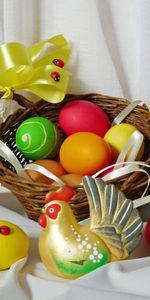 Eggs,Holiday,Basket,Bows,Hen,Cock,Holidays,Easter,Ladybugs,Rooster