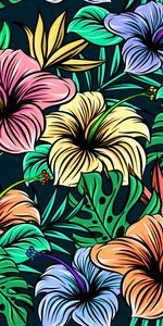 Exotic,Flowers,Patterns,Hibiscus,Leaves,Vector