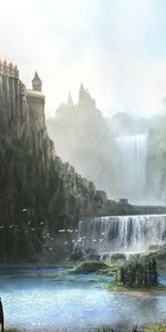 Fantasy,Horseman,Rider,Lock,Waterfall,Greens,Mountains