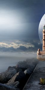 Fantasy,Lighthouse,Pier,Moon,Sea