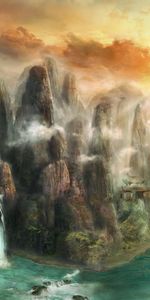 Fantasy,Rocks,Waterfall,Fog,Nature