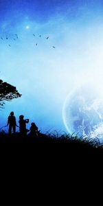 Fantasy,Tree,Birds,Wood,Children,Silhouettes,Planets