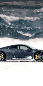 Ferrari 458 Italia,Вид Сбоку,Горы,Снег,Серый,Спорткар,Феррари (Ferrari),Зима,Тачки (Cars)