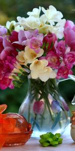 Flowers,Decorations,Bouquet,Jug,Figurines,Figures,Tulips,Freesia