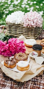 Flowers,Food,Doughnut,Donut,Peony,Picnic,Pion,Coffee