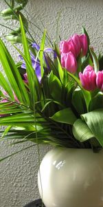 Flowers,Greens,Bouquet,Leaves,Tulips,Wall,Vase