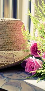 Flowers,Greens,Hat,Roses,Bouquet,Picture