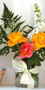 Flowers,Leaves,Bouquet,Gipsophile,Bow,Candle,Roses,Gypsophilus,Vase,Composition,Jasmine,Fern