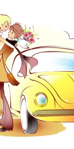 Flowers,Meeting,Art,Pair,Car,Embrace,Couple,Picture,Love,Drawing