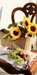 Flowers,Miscellanea,Chair,Basket,Miscellaneous,Peach,Grapes,Sunflowers