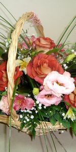 Flowers,Roses,Alstroemeria,Gipsophile,Basket,Composition,Lisianthus Russell,Lisiantus Russell,Fern,Gypsophilus