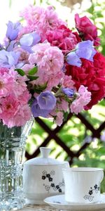 Flowers,Roses,Bluebells,Table,Tea Set,Vase