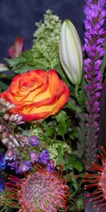 Flowers,Roses,Bouquet,Dolphinium,Proteus,Greens,Composition,Delphinium