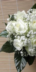 Flowers,Roses,Bouquet,Gipsophile,Background,Leaves,Hand,Gypsophilus