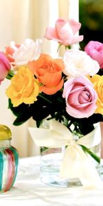 Flowers,Roses,Bouquet,Table,Bow,Glasses