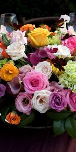 Roses,Tableau,Composition,Portion,Lisiantus Russell,Fleurs,Bouquet,Table,Bougies,Hortensia,Lisianthus Russell