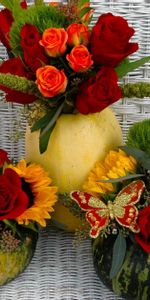 Flores,Composición,Roses,Mariposa,Bouquets,Girasoles,Calabaza