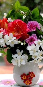 Flowers,Roses,Branches,Bouquet,Jug,Table,Leaves,Jasmine