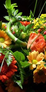 Flowers,Roses,Gerberas,Greens,Bouquet,Composition