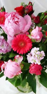 Flowers,Roses,Gerberas,Greens,Bouquet,Levkoy,Gillyflower,Mattiola,Peonies,Vase