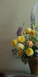 Flowers,Roses,Greens,Bouquet,Lupins,Vase