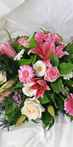 Flowers,Roses,Lilies,Gerberas,Greens,Cloth,Composition