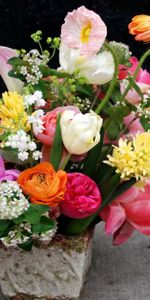 Flowers,Tulips,Bouquet,Ranunculus,Ranunkulus,Variety,Diversity,Tea Tree,Peonies,Lily Of The Valley