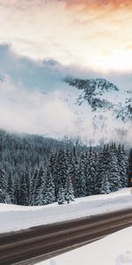 Fog,Mountains,Snow,Winter,Road,Nature