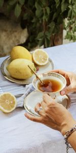 Food,Rings,Hands,Lemon,Tablecloth,Cup