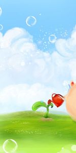 Grass,Glade,Sprout,Watering Can,Clouds,Polyana,Art,Pig