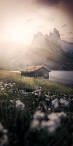 Grass,Mountains,Fog,Lake,Lodge,Nature,Small House