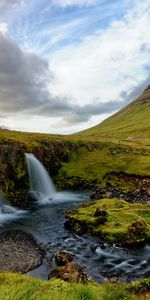 Grass,Rock,Waterfall,Flow,Stream,Horizon,Nature