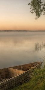 Grass,Shore,Bank,Evening,Wharf,Berth,Nature,Fog,Bench,Boat