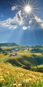 Grass,Sky,Mountains,Shine,Light,Nature,Brilliance