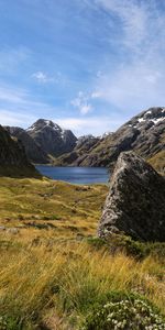 Grass,Sky,Rocks,Lake,Relief,Nature