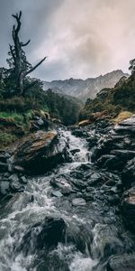 Grass,Stones,Mountains,Waterfall,Flow,Nature