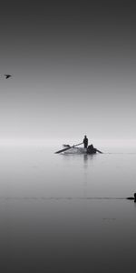 Horizon,Lake,Bw,Person,Chb,Human,Calm,Silence,Birds,Boat,Minimalism