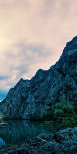 House,Nature,Mountains,Twilight,Bush,Lights,Rocks,Lake,Dusk,Evening,Cliffs