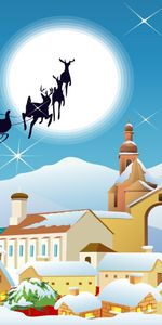 Houses,Santa Claus,Flight,Sledge,Sleigh,City,Holidays,Moon