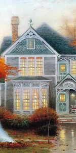 Houses,Trees,Autumn,Landscape,Art