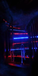 Illumination,Ladder,Pipe,Trumpet,Backlight,Stairs,Smoke,Dark,Music,Neon