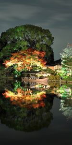 Bateau,Réflexion,Soir,Banque,Briller,Arbres,Lumière,Nature,Un Bateau,Loger,Japon,Maison,Rive